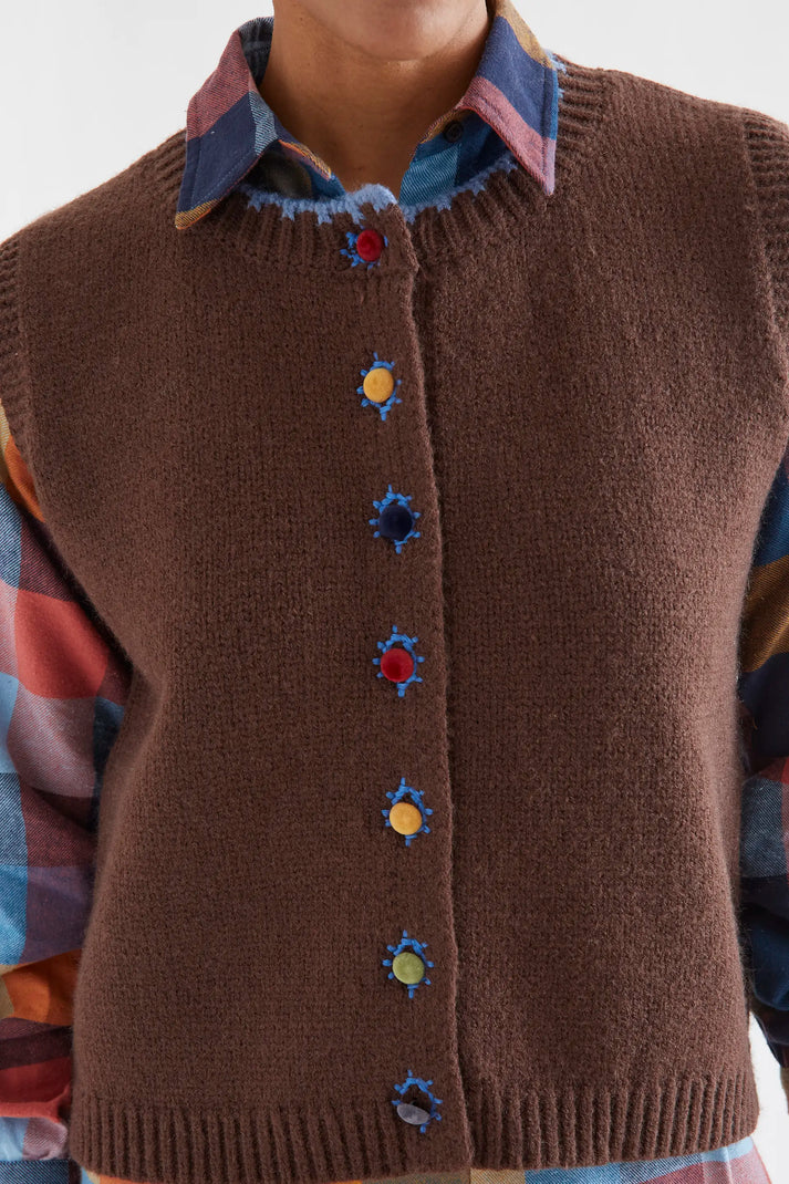 Brown Knit Vest with Multicolored Buttons