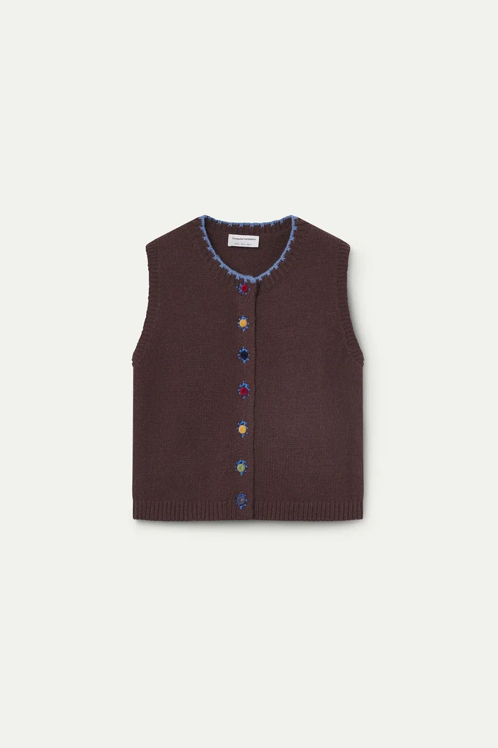 Brown Knit Vest with Multicolored Buttons
