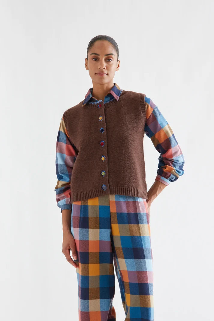 Brown Knit Vest with Multicolored Buttons