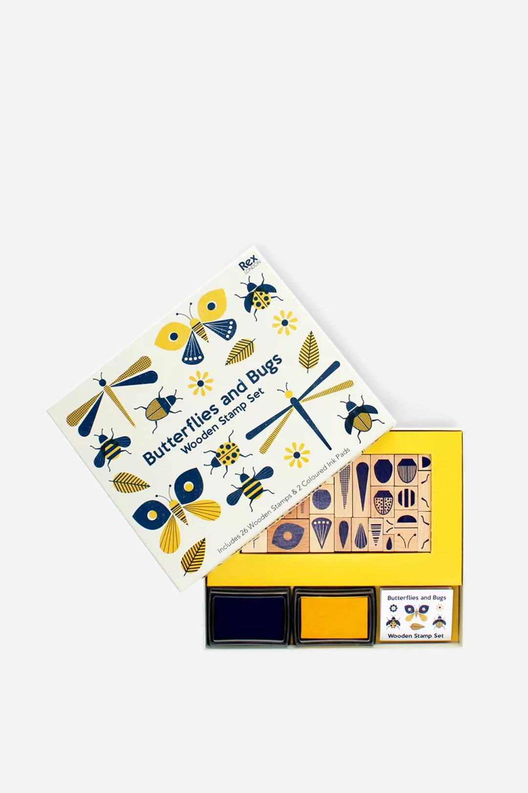 Wooden toy set with packaging featuring butterfly and bug designs on a white background