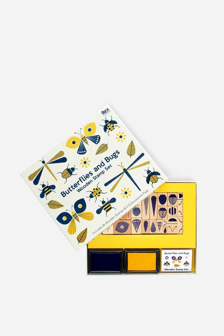 Wooden toy set with packaging featuring butterfly and bug designs on a white background