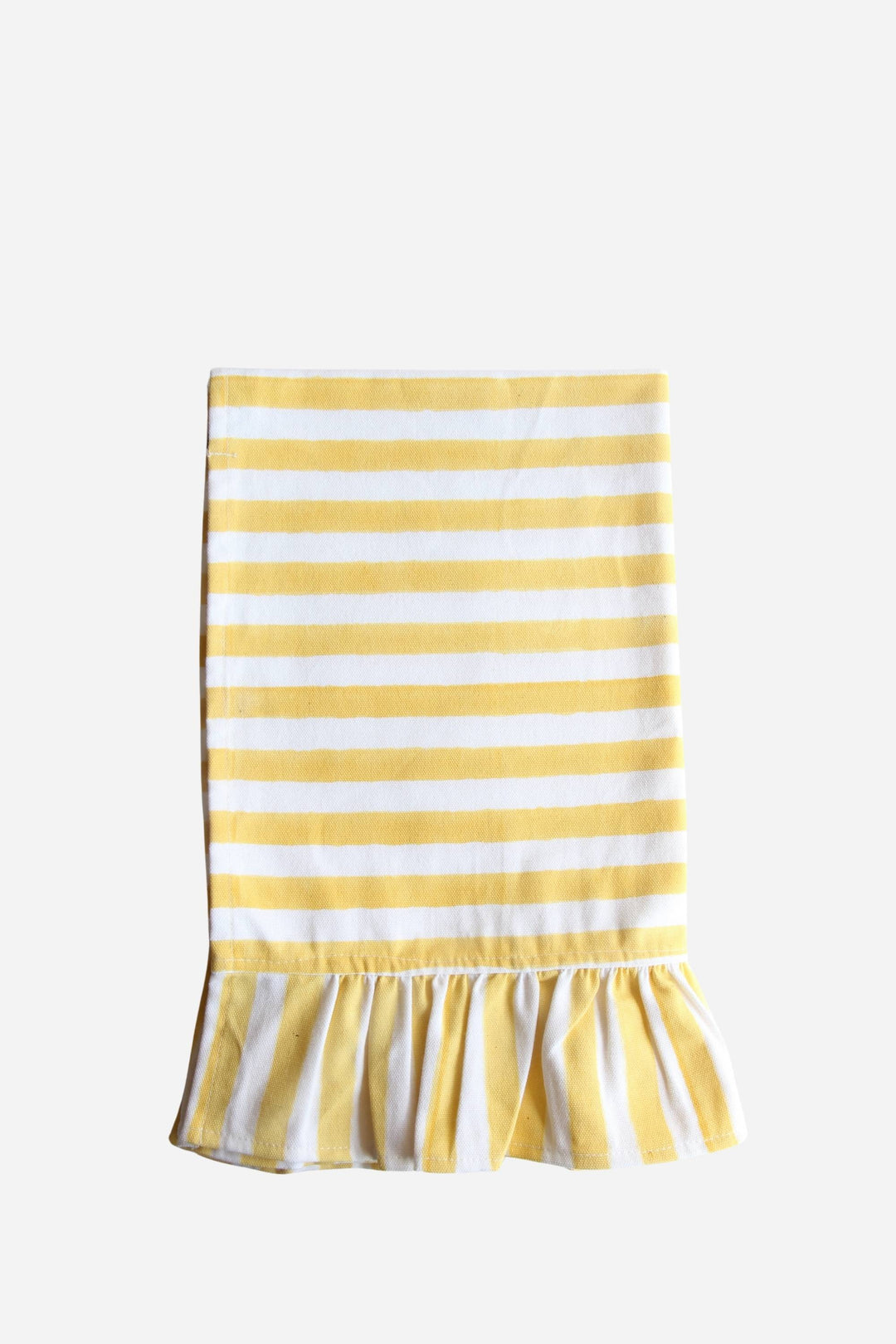 Yellow and white striped towel with ruffled bottom on a light gray background