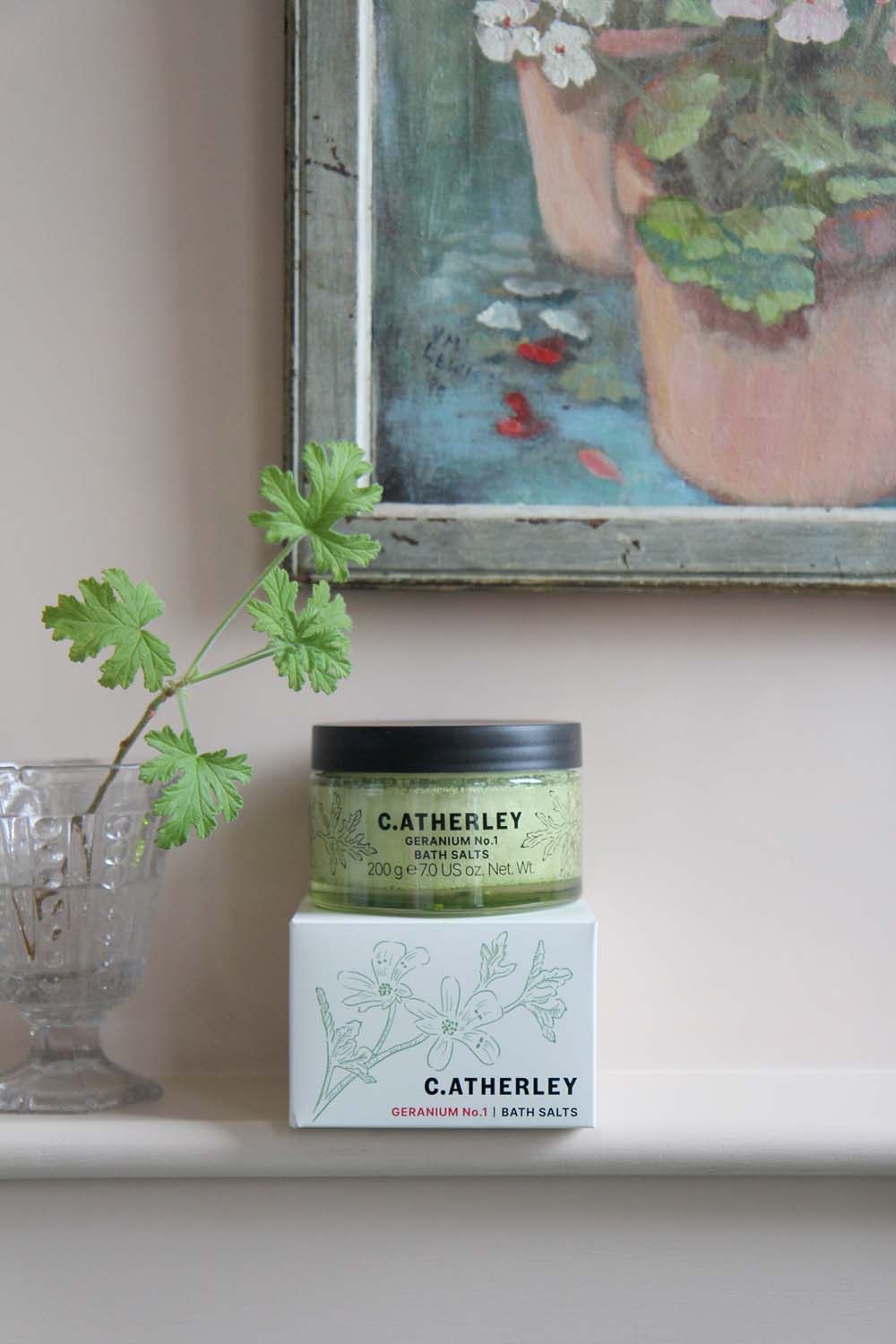 c.atherley geranium bath salts with vintage geranium painting