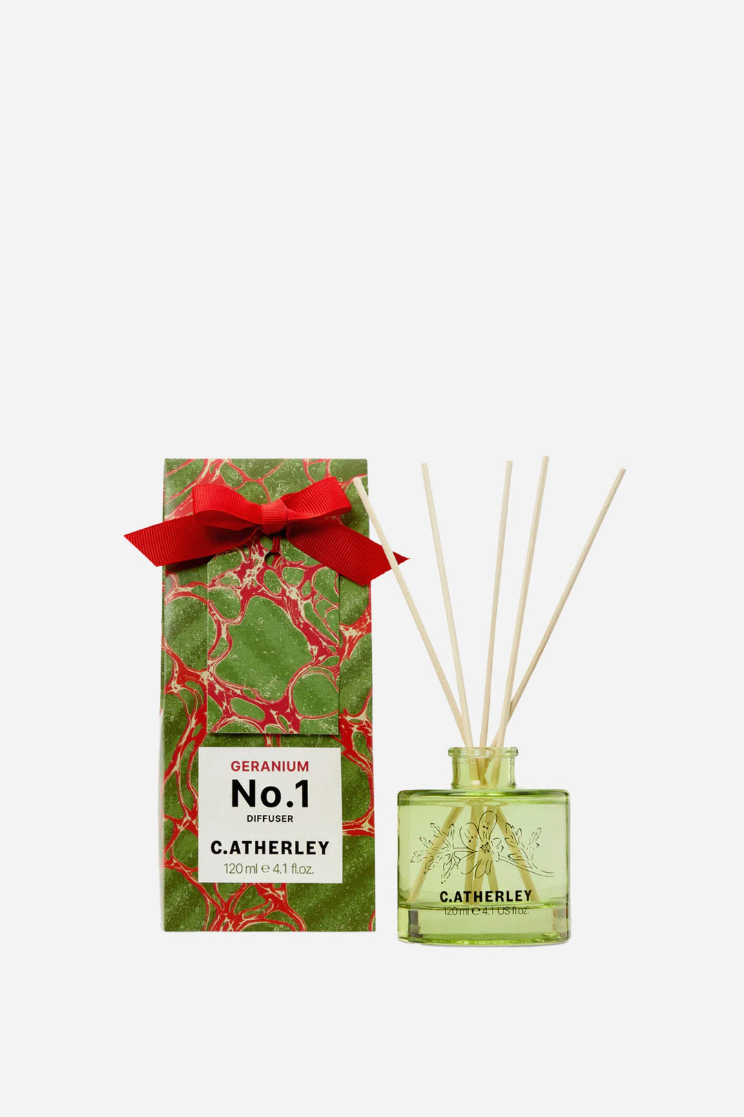 Catherley No.1 diffuser with green bottle and red ribbon on a white background