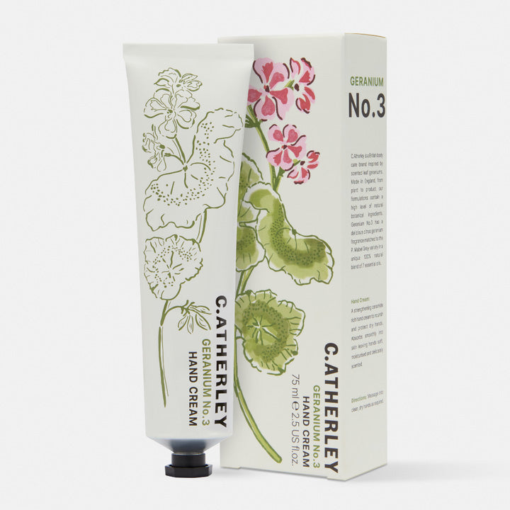 Catherley Geranium No.3 hand cream with packaging on a white background