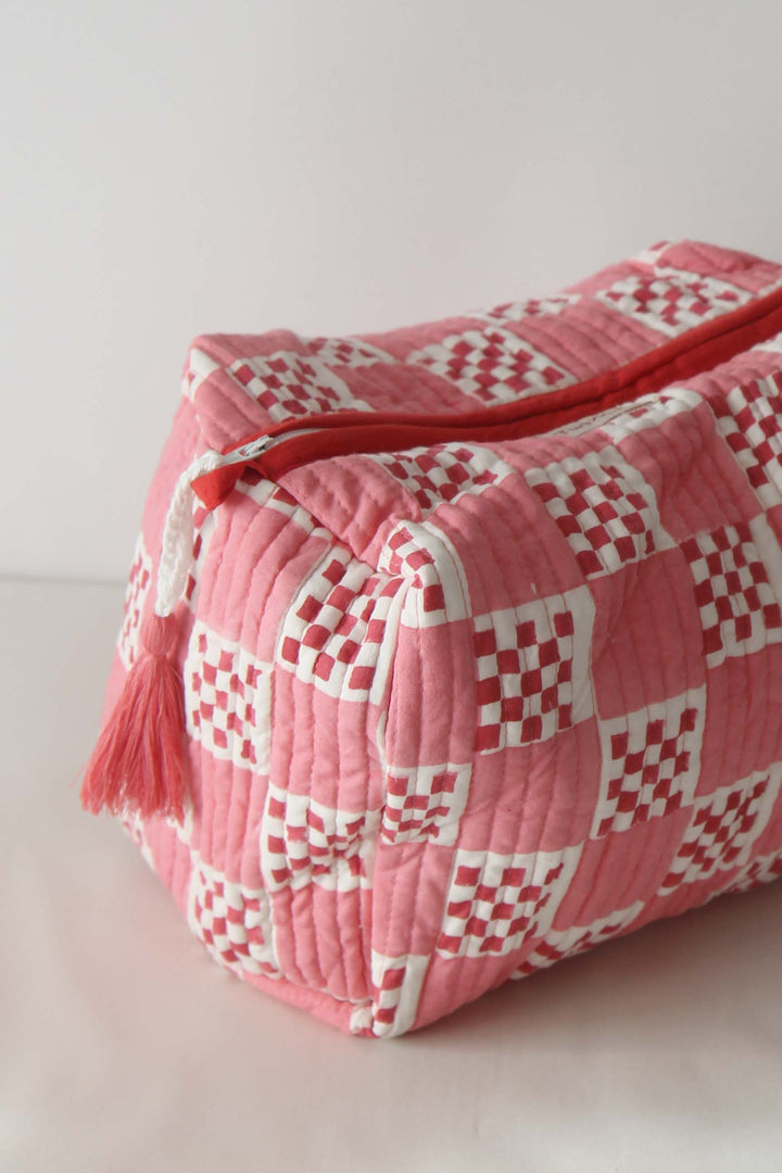 Red and Pink Checkerboard Wash Bag Large