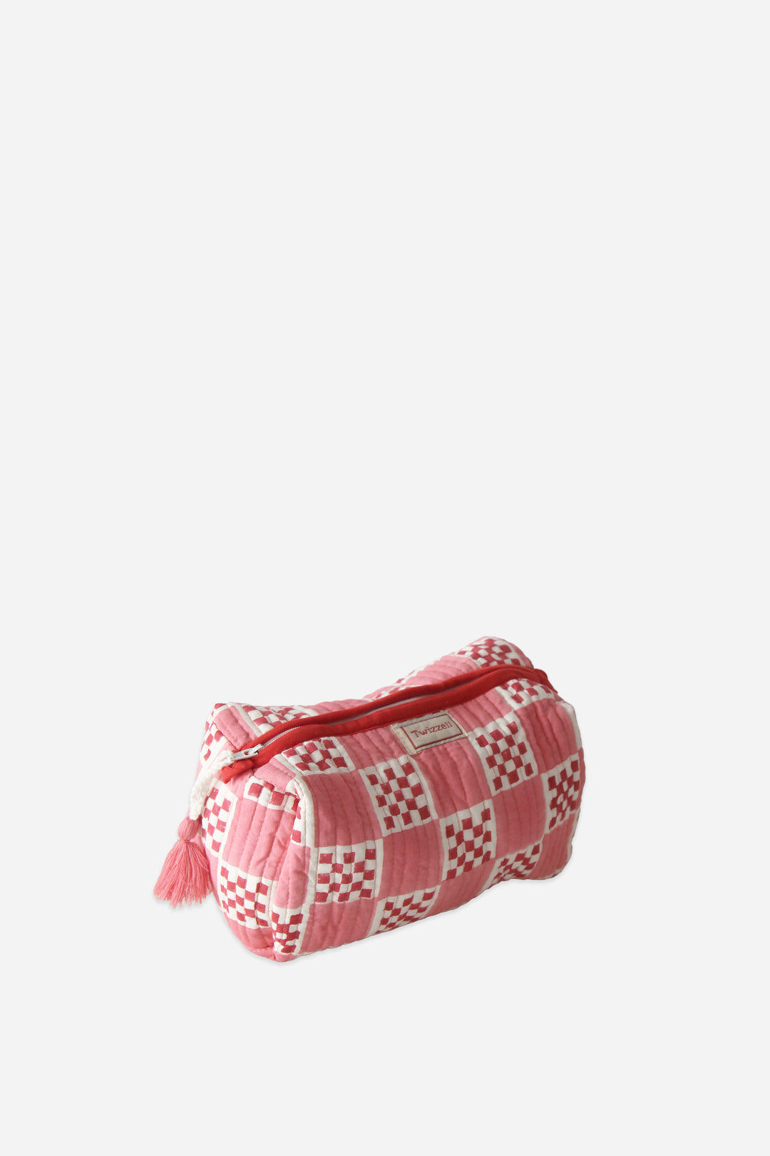 Pink checkered pouch on a white background