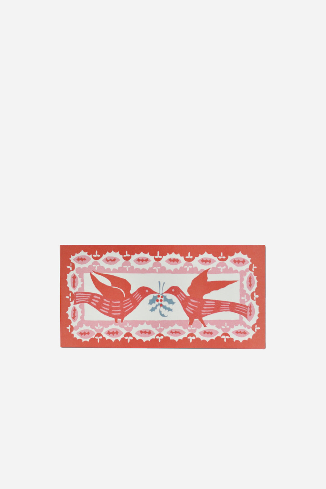 Decorative card with two birds holding a olive branch on a red border with white background