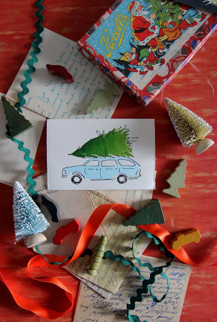 Christmas Card Tree & Car / Blue