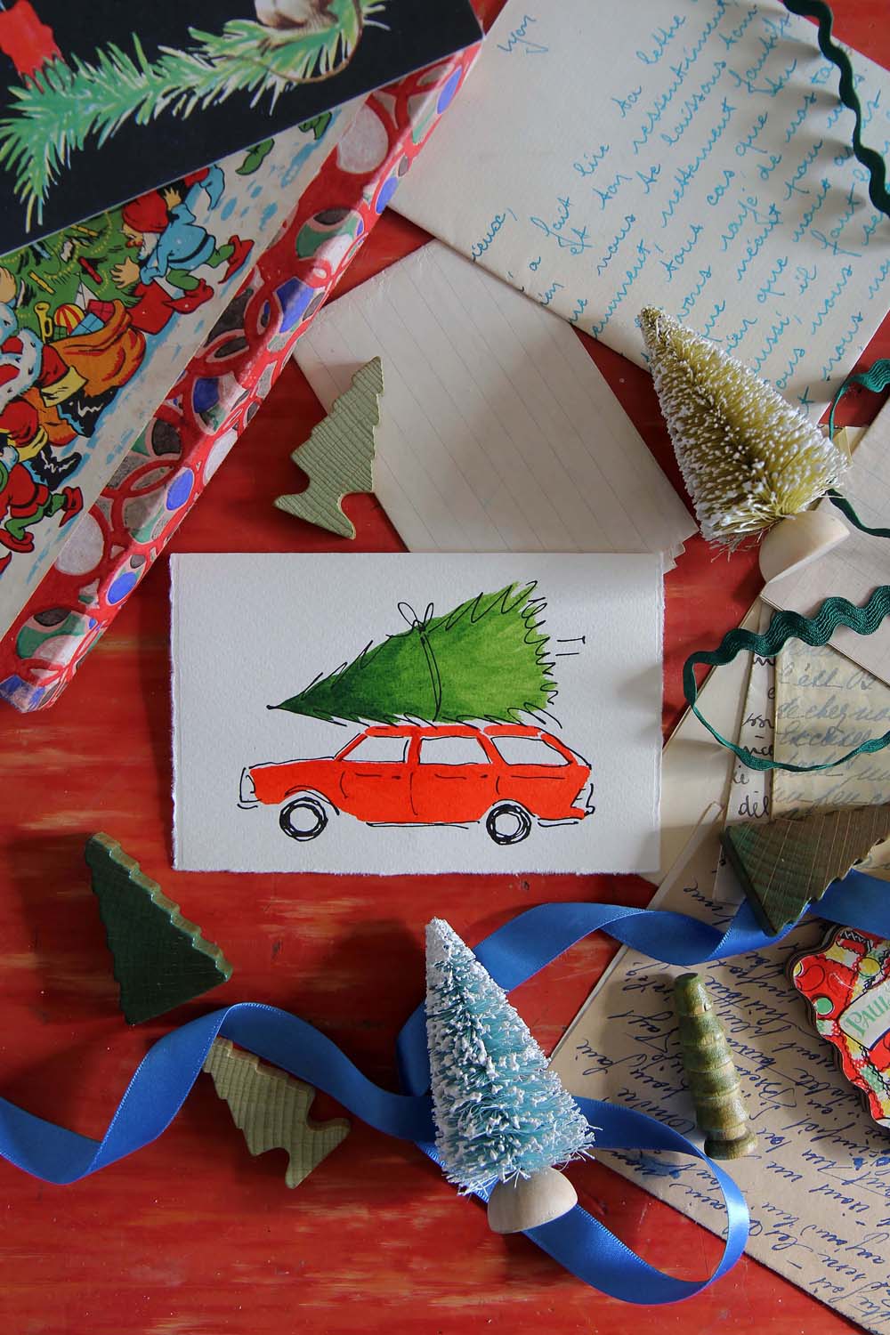 Christmas Card Tree & Car / Red