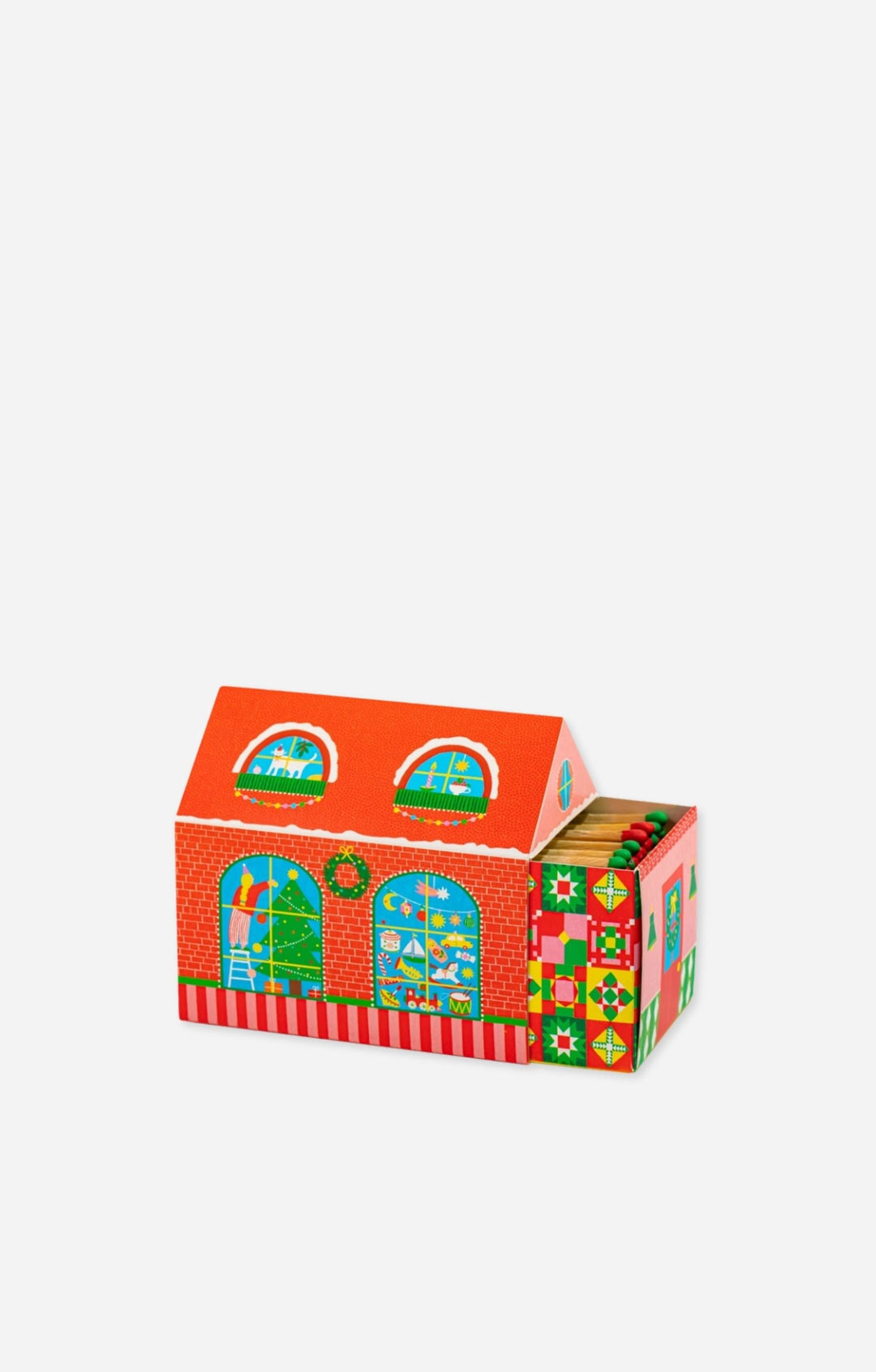Colorful toy house box with cartoon-style design on a white background