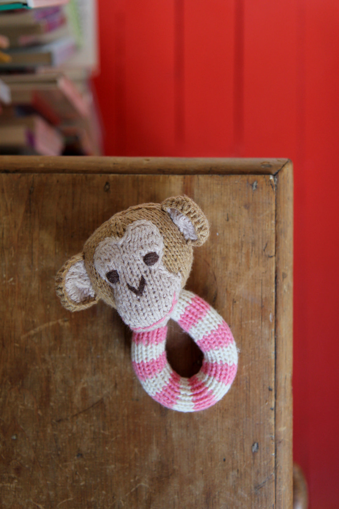 Monkey Knitted Baby Rattle Pink - Domestic Science Home