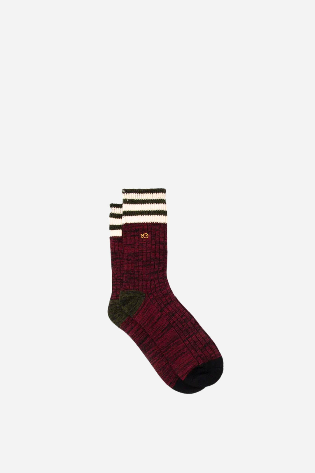 Red plaid sock with striped cuff on a white background