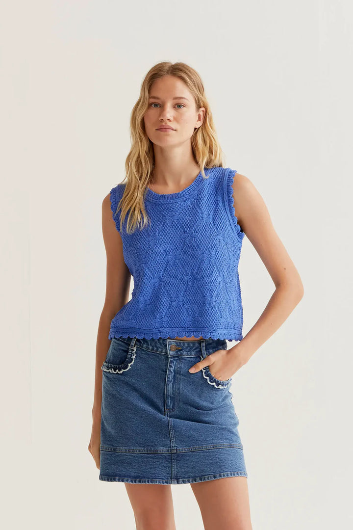 Blue Chain Stitch Knit Top
