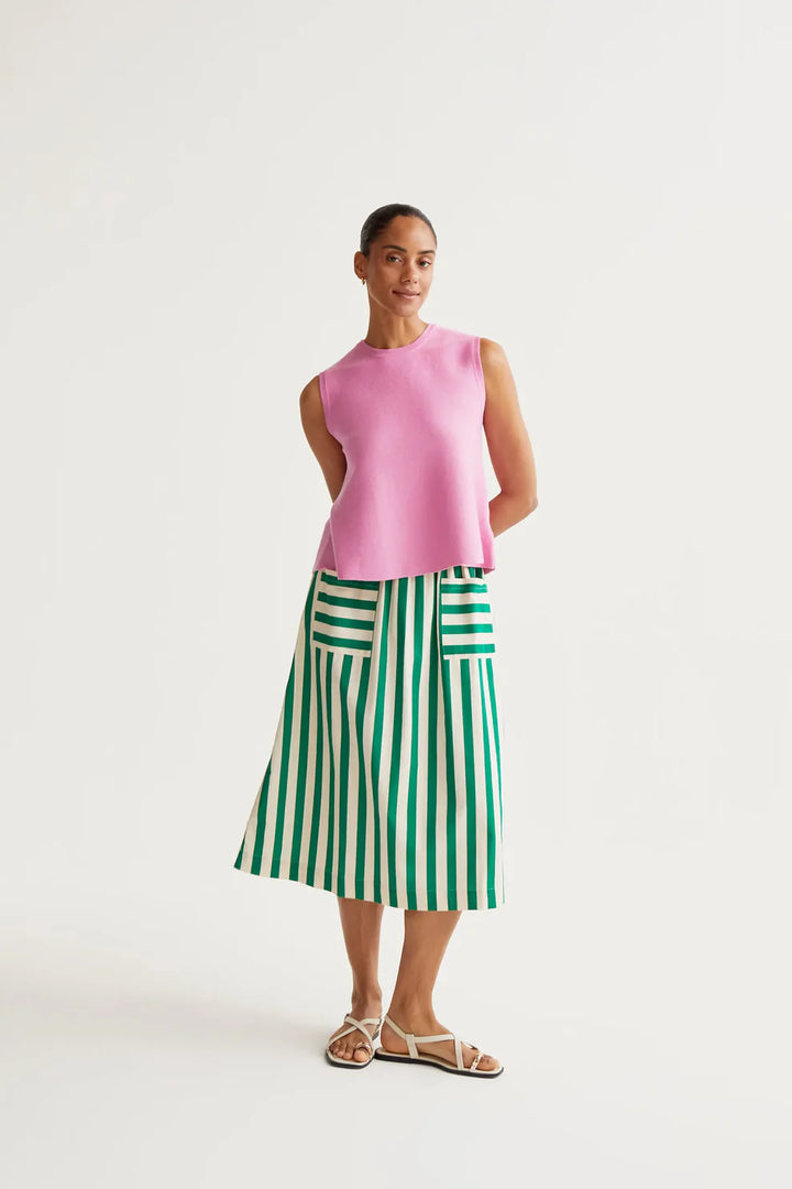 Bamboo Green Stripe Midi Skirt