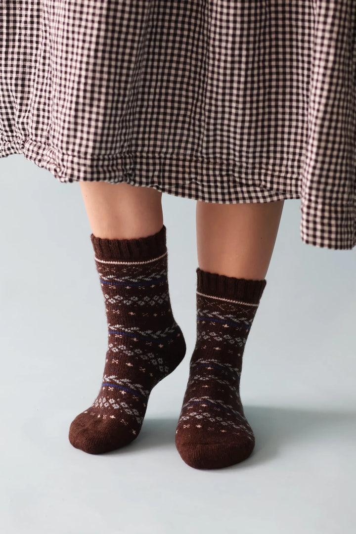 Fair Isle Patterned Wool Socks / Brown Blue