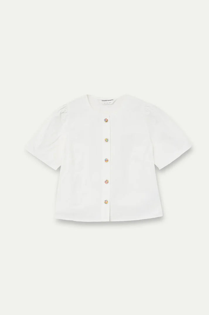 White Cotton Blouse / Multicoloured Button