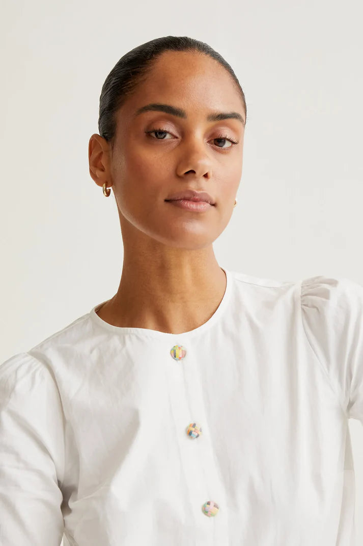 White Cotton Blouse / Multicoloured Button
