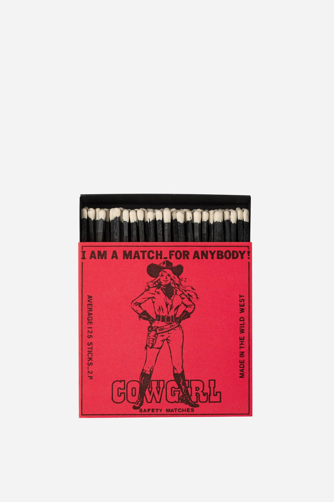 Red matchbox with a black illustration of a cowgirl and text on a white background