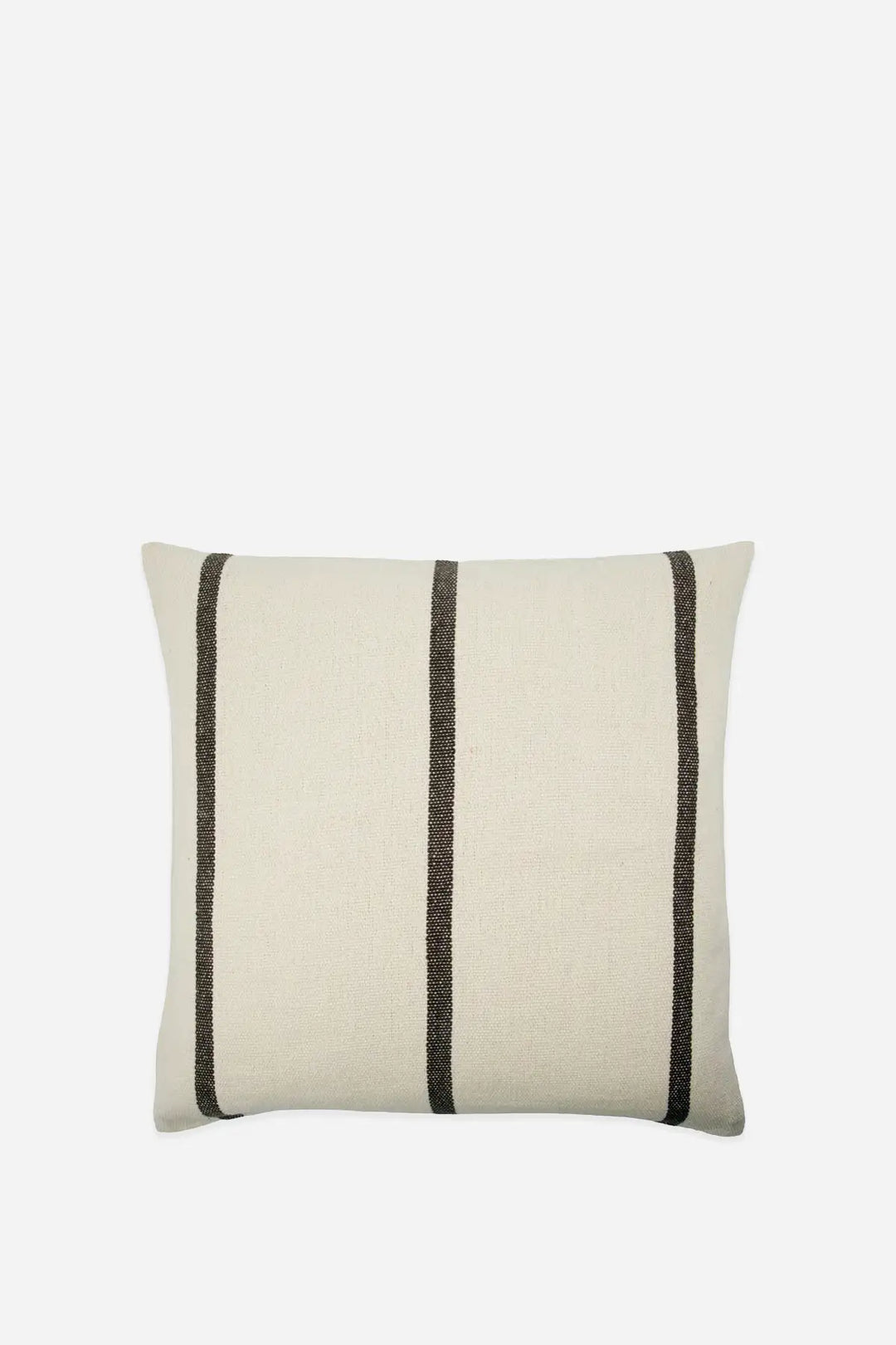 A square throw pillow in a textured cream linen fabric with two vertical dark brown stripes, shown against a plain white background.