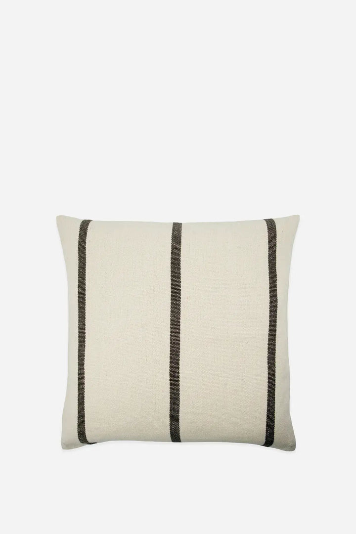A square throw pillow in a textured cream linen fabric with two vertical dark brown stripes, shown against a plain white background.