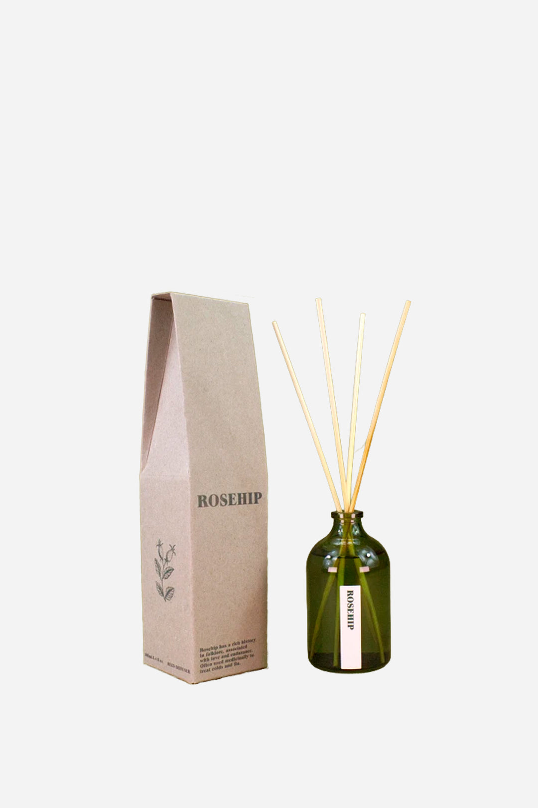 A reed diffuser set featuring an olive green glass bottle with natural reed sticks, standing next to its brown kraft paper packaging box labeled ROSEHIP.