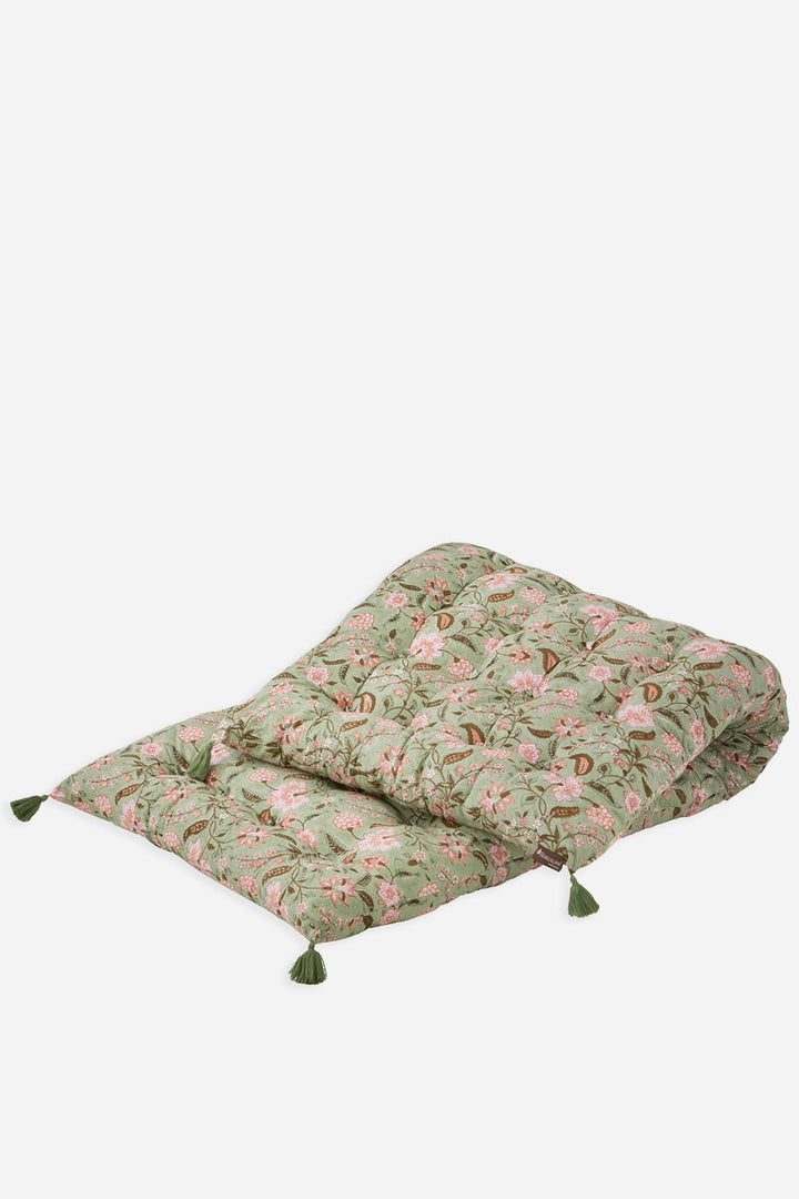 divya floral block print outdoor cotton mattress in artichoke green and pink