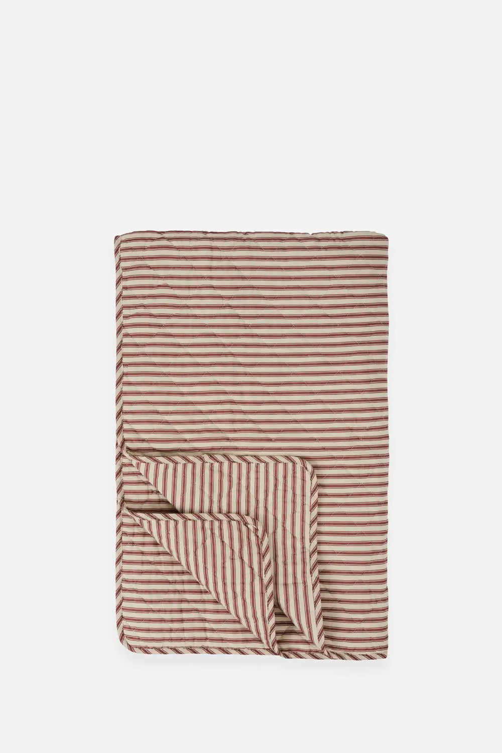A folded striped blanket or throw in a warm brown and beige colorway, shown against a plain light gray background.