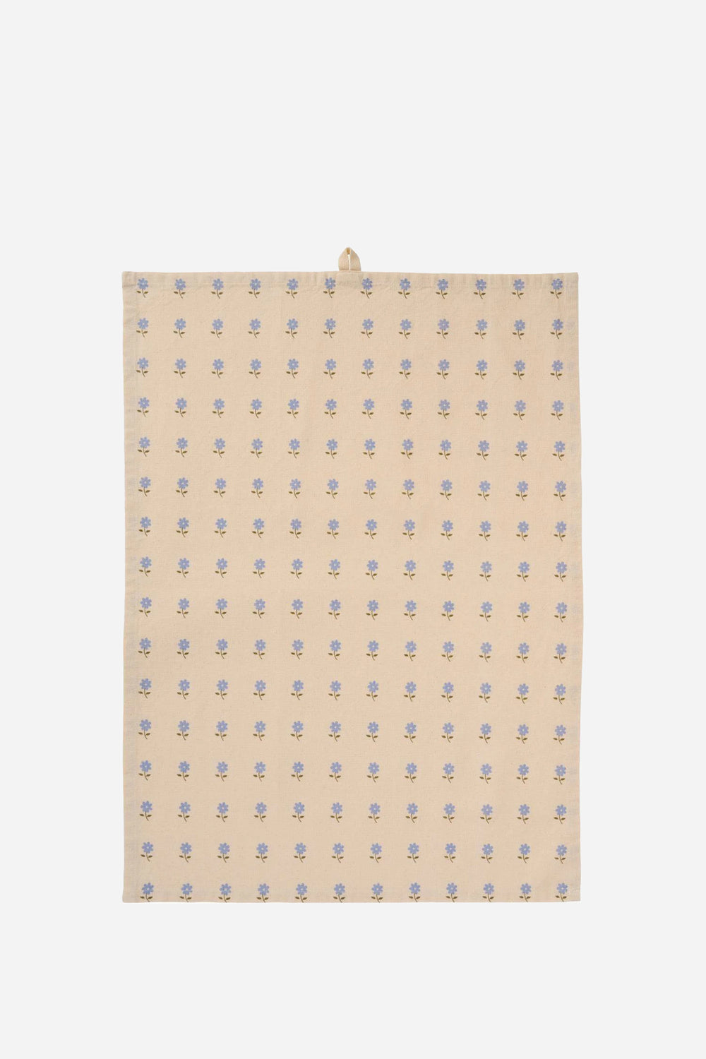 Beige fabric with blue floral pattern on a white background