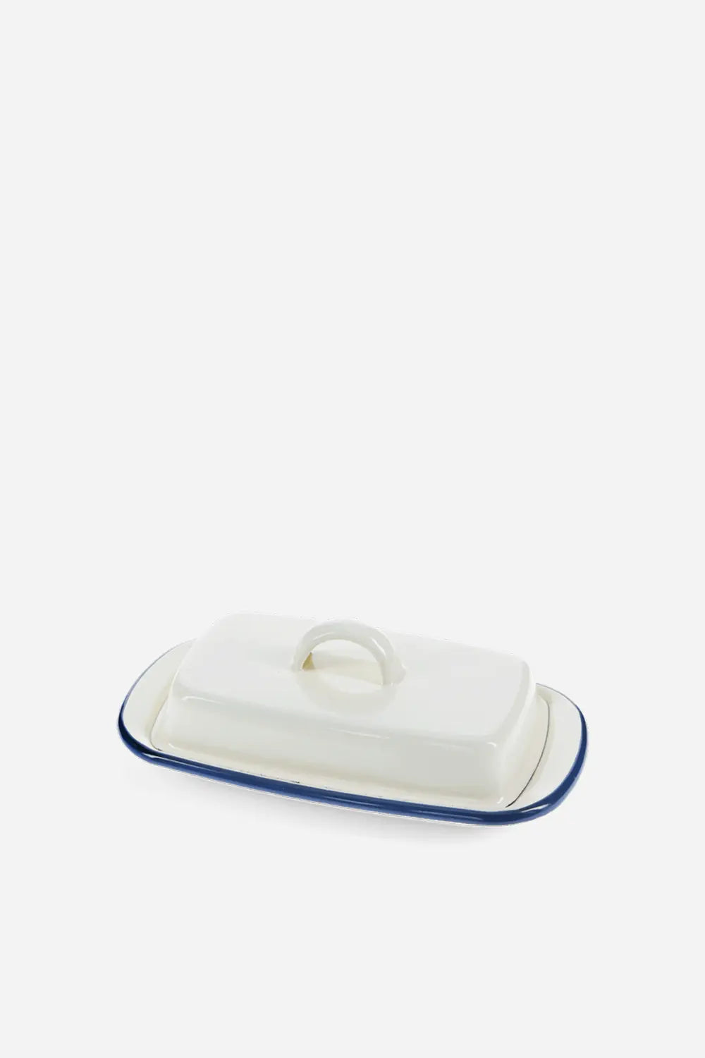 White butter dish with blue rim on a white background
