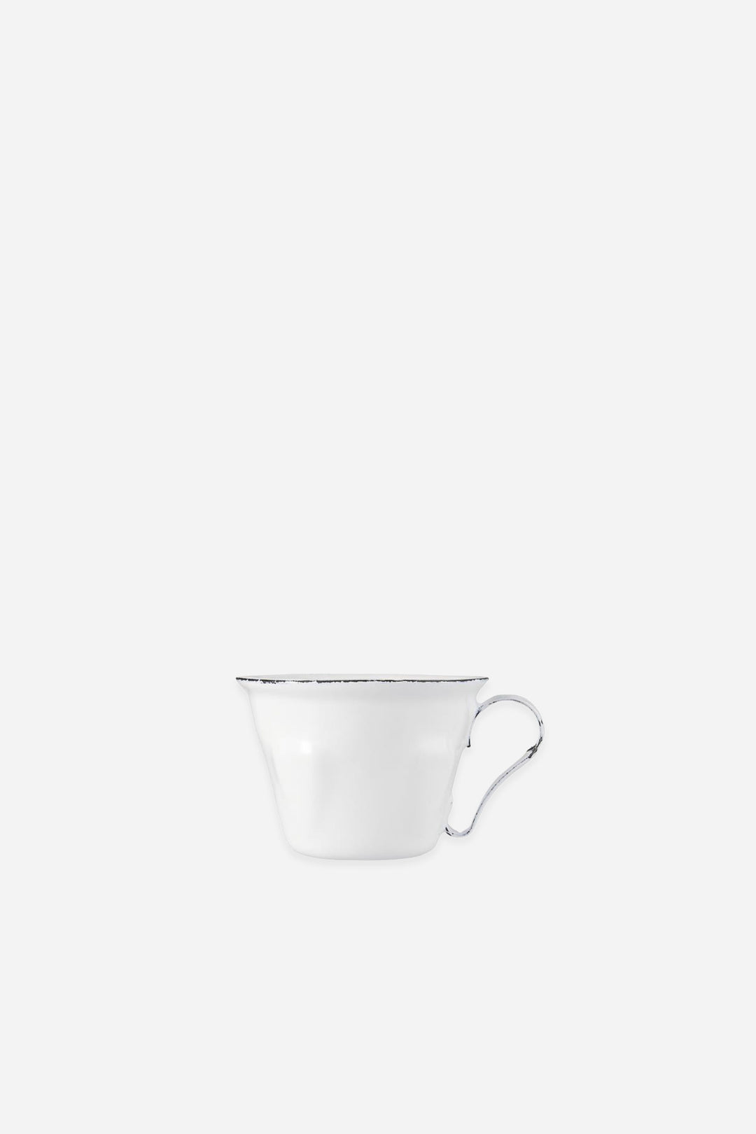 White teacup with a silver rim on a white background