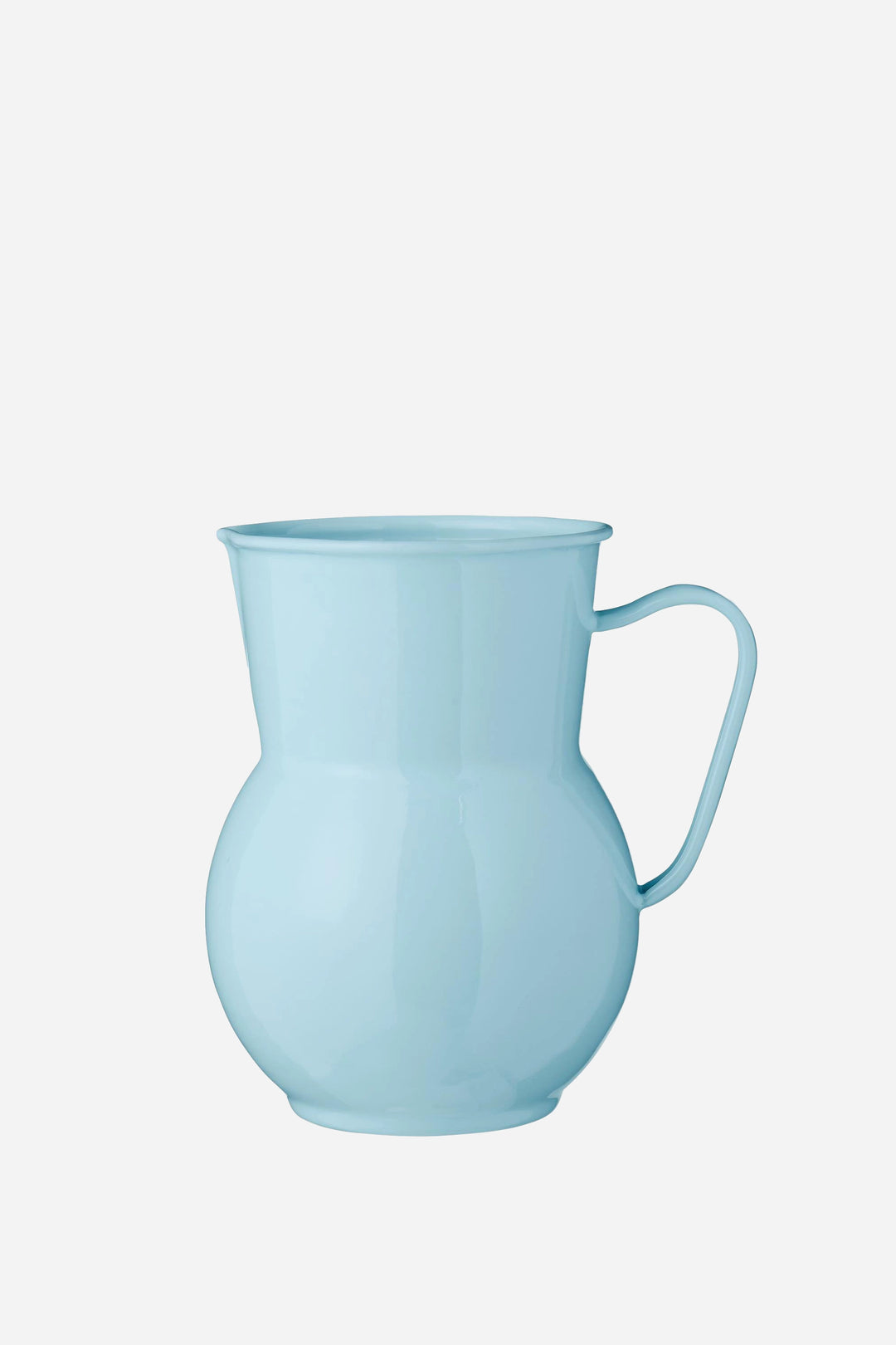 enamel jug in aqua blue on white background