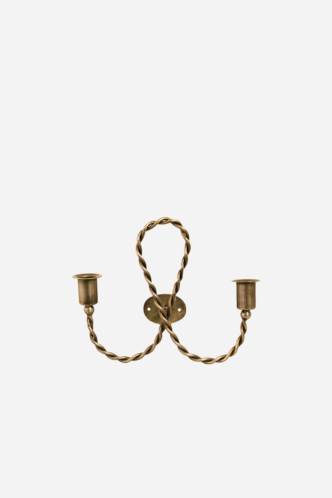 Brass wall sconce with two candle holders on a white background
