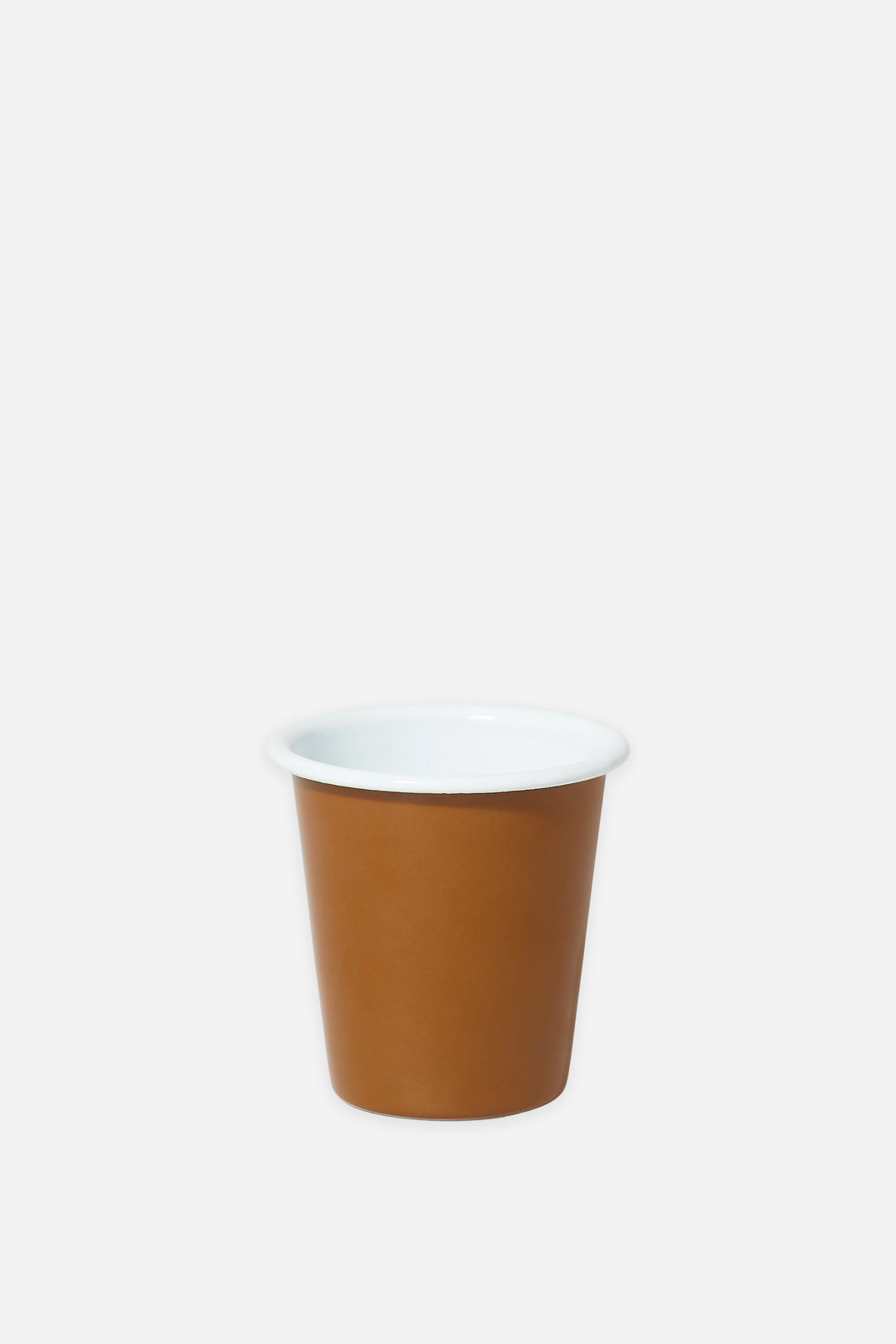 Brown enamel cup with white rim on a white background