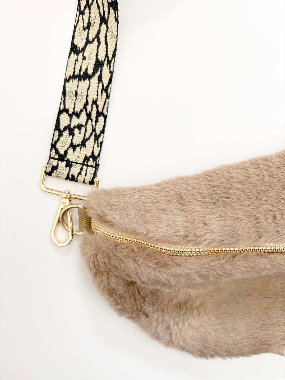 Faux Fur Cross Body Bag With Patterned Strap / Beige