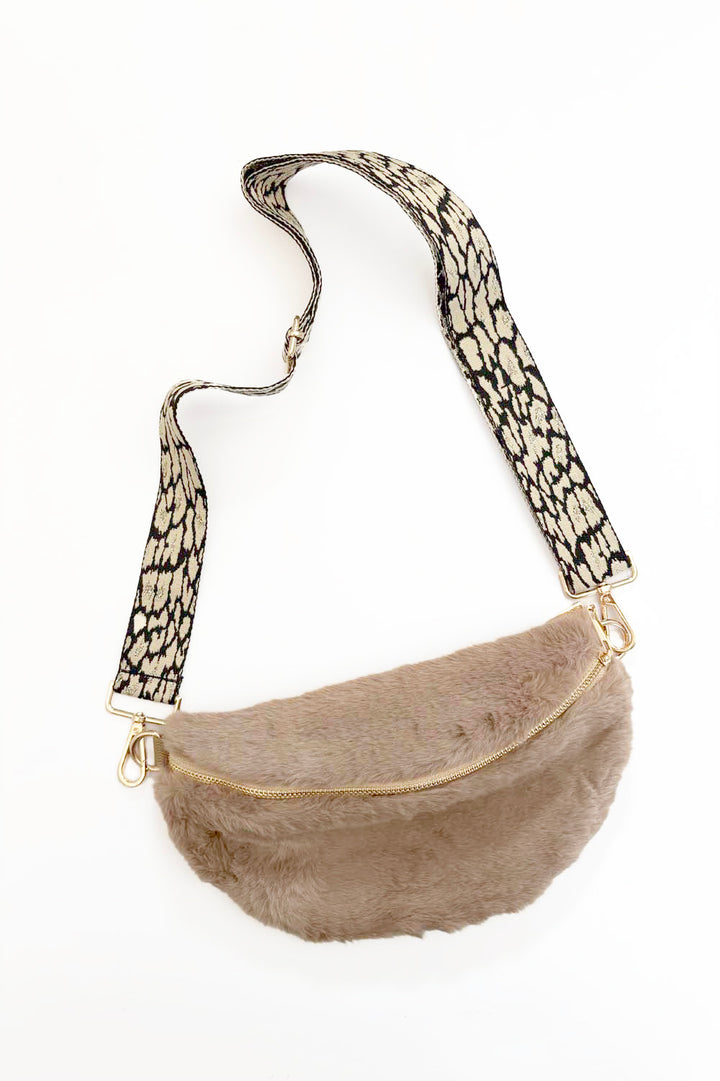 Faux Fur Cross Body Bag With Patterned Strap / Beige