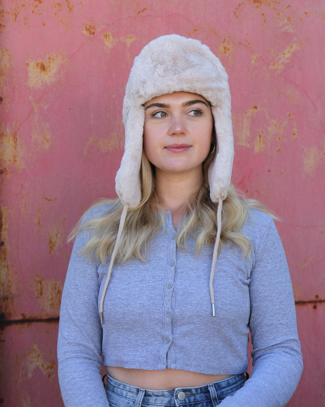 faux fur trapper hat in stone by rino and belle front