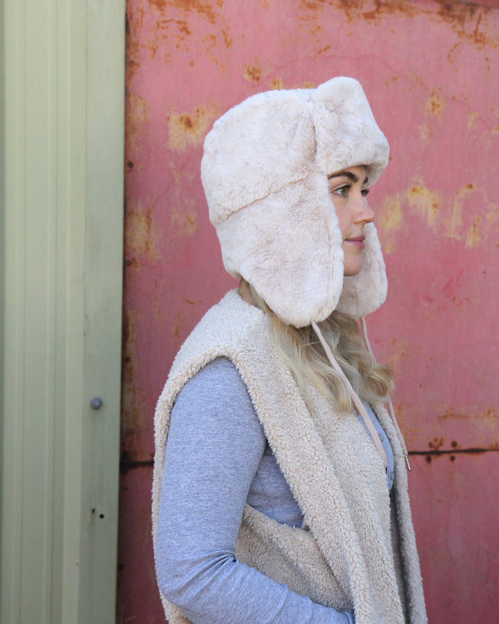 faux fur trapper hat in stone by rino and belle side