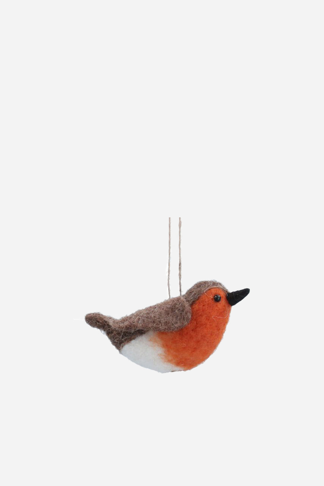 Felted robin decoration hanging on a white background
