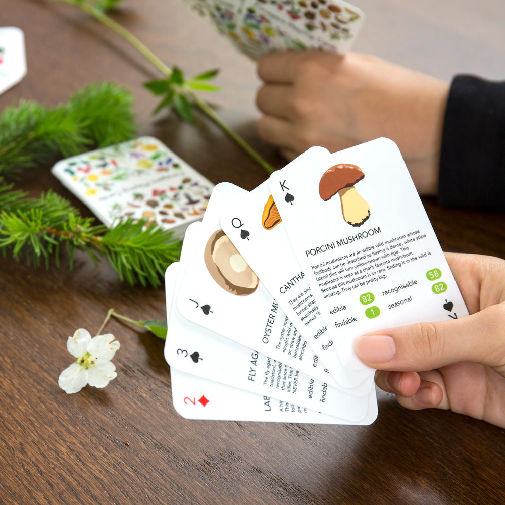 Card game with mushroom-themed cards on a wooden table