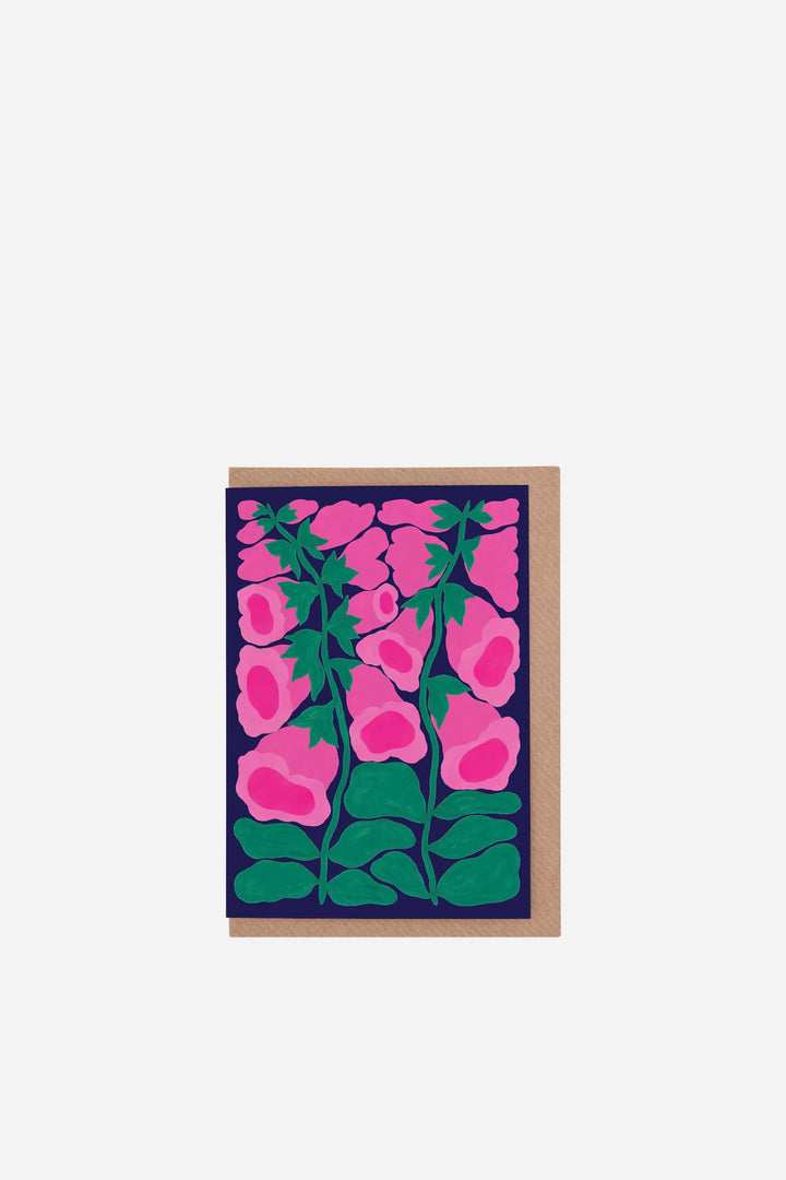 Card with pink foxglove design on a white background