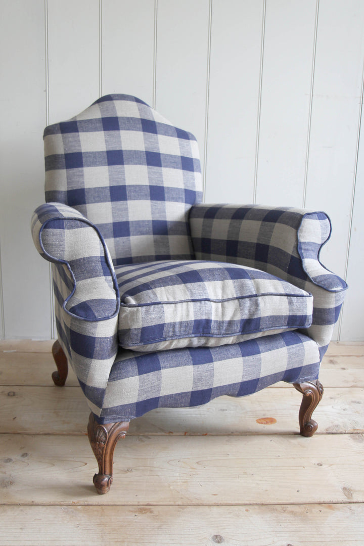 Navy Check Camel Back Armchair