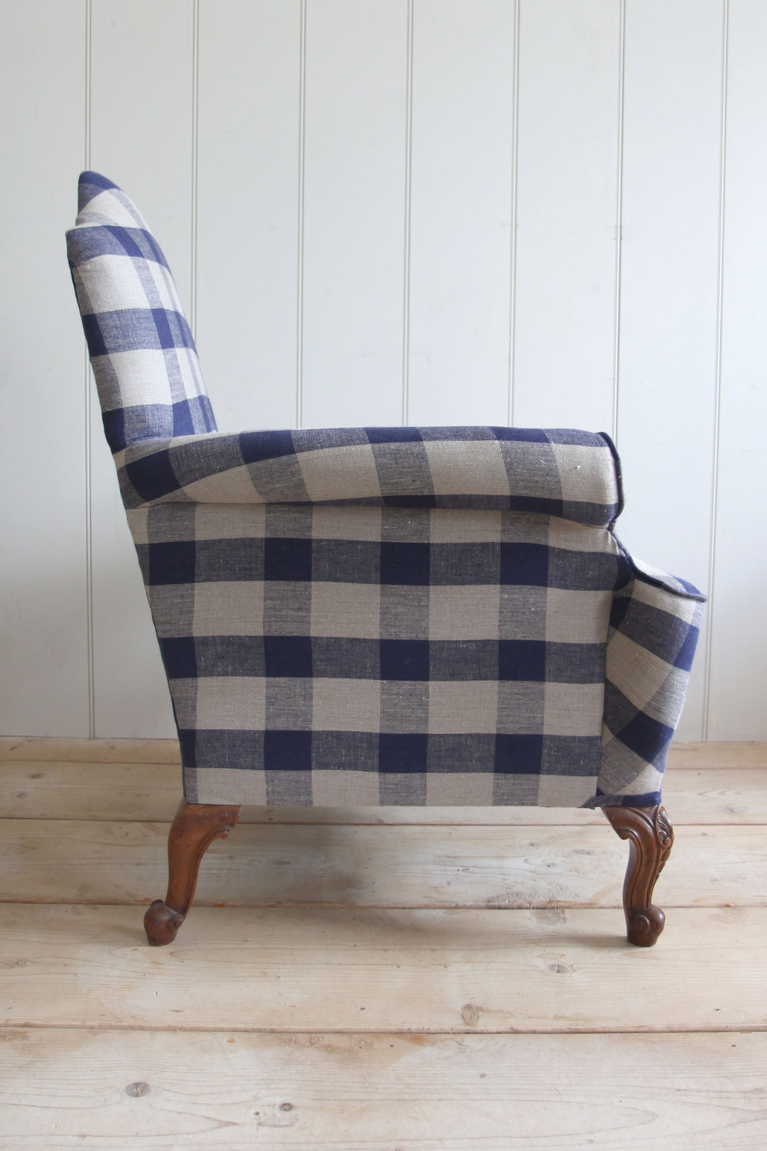 Navy Check Camel Back Armchair