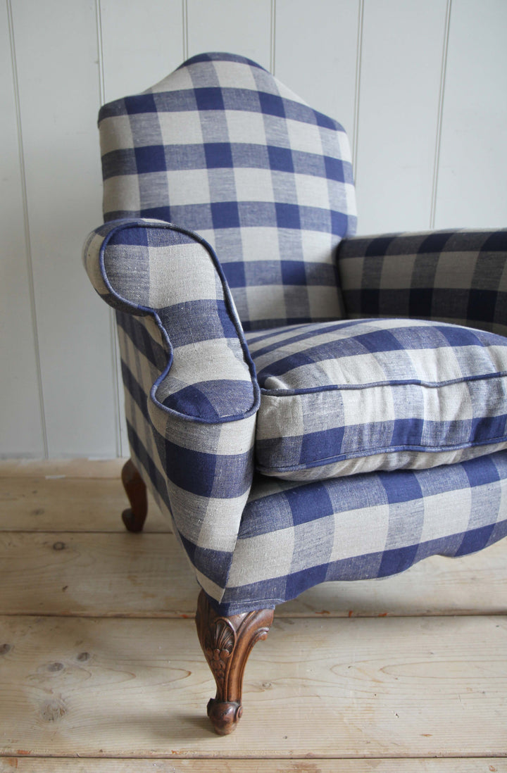 Navy Check Camel Back Armchair