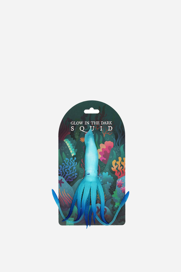 Glow in the dark squid packaging with colorful underwater design on a white background