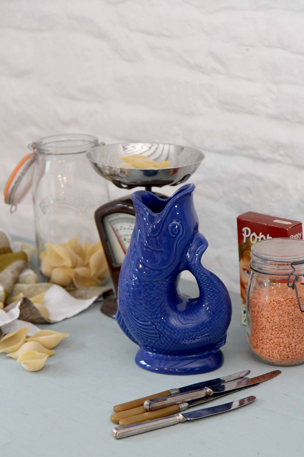 extra large gluggle jug in cobalt blue, kitchen scales, vintage cutlery and storage jars