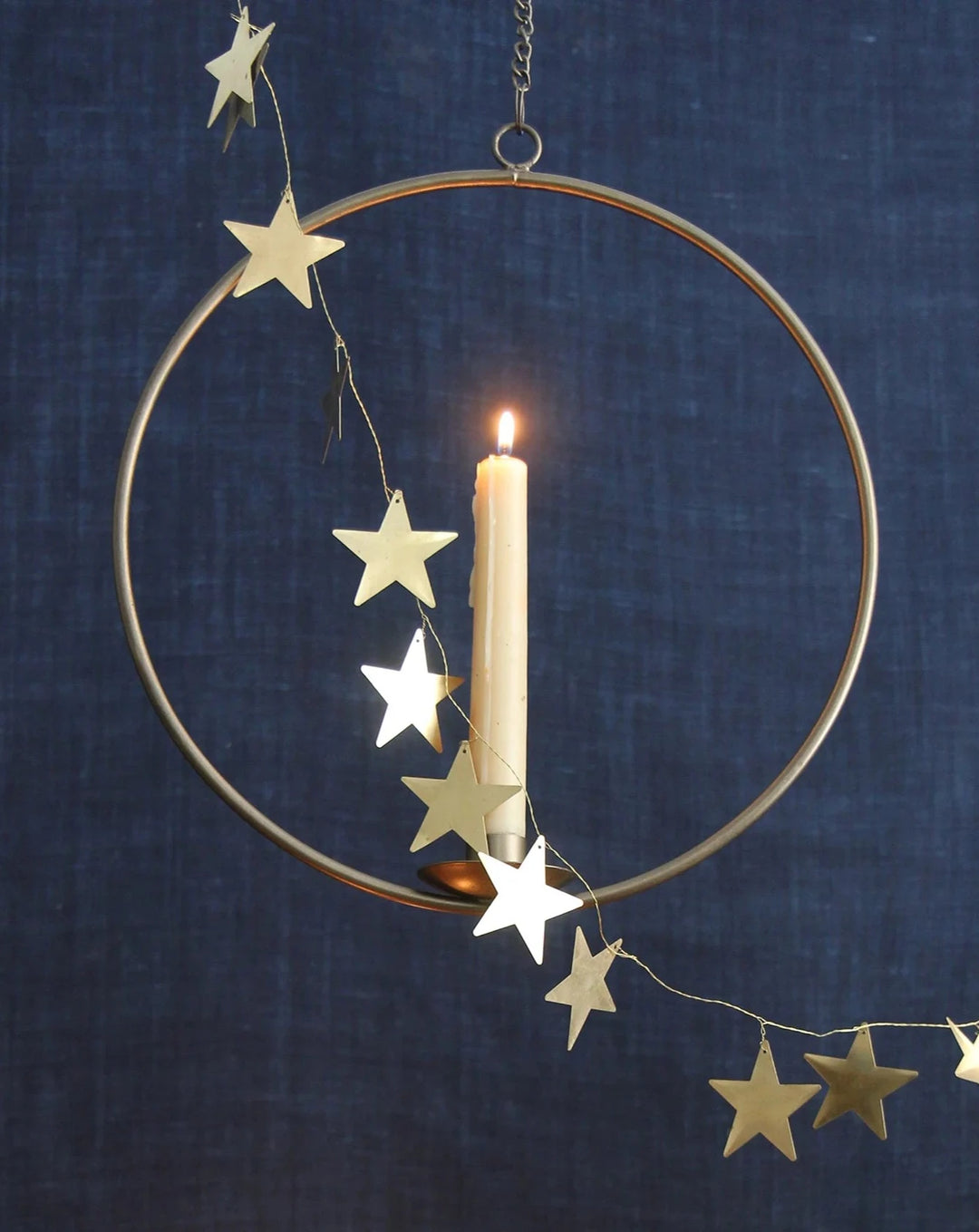 hanging brass ring candle holder with beeswax candle