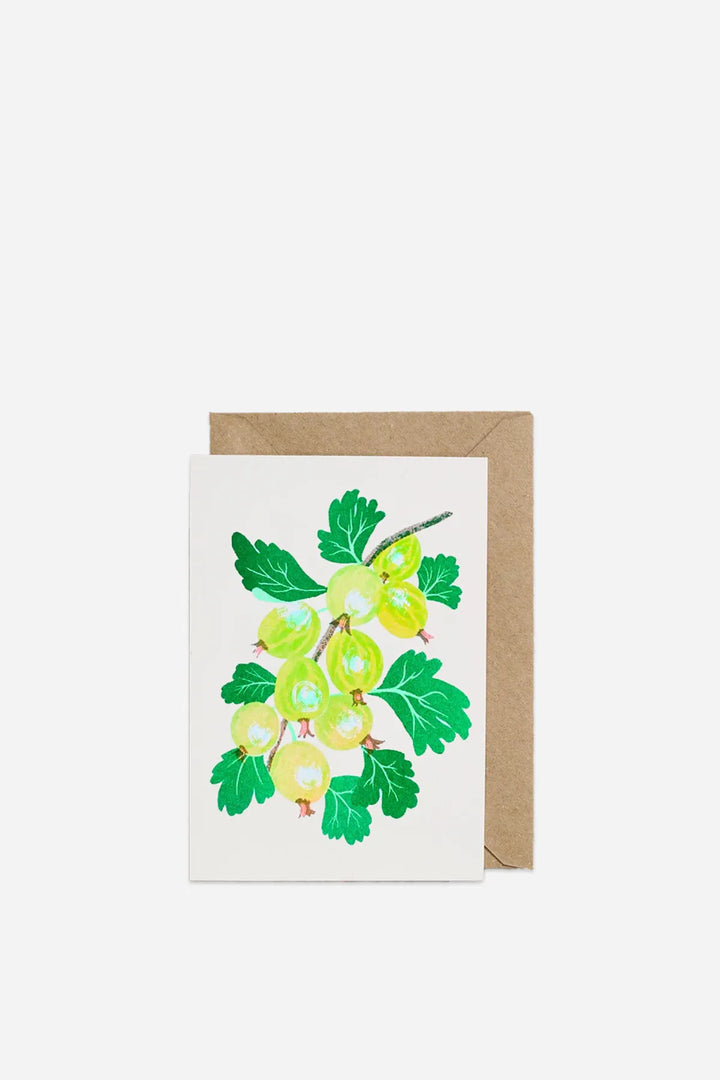 Greeting card with gooseberries illustration on a white background