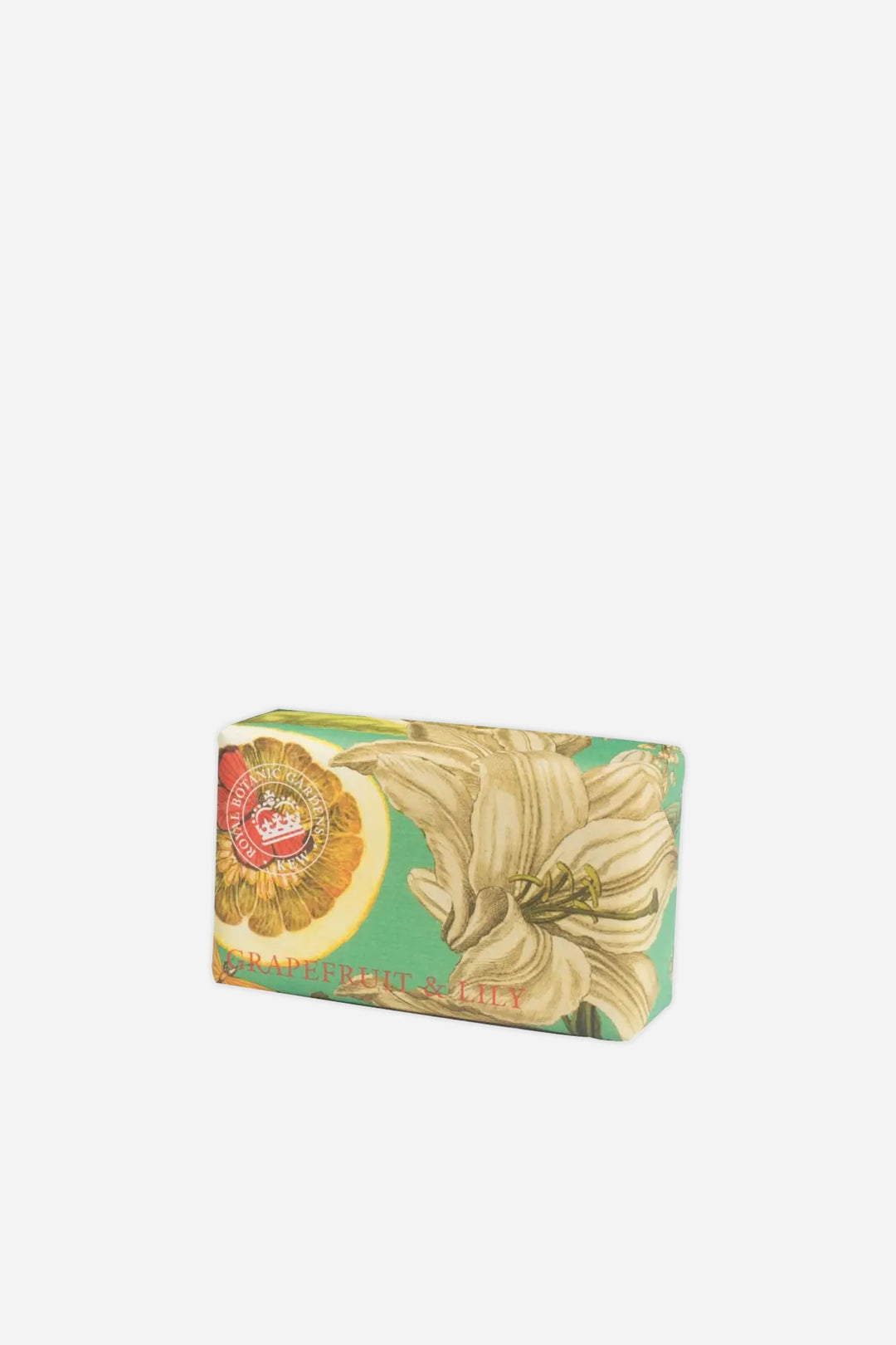 Bar of soap with decorative packaging featuring a floral design on a white background