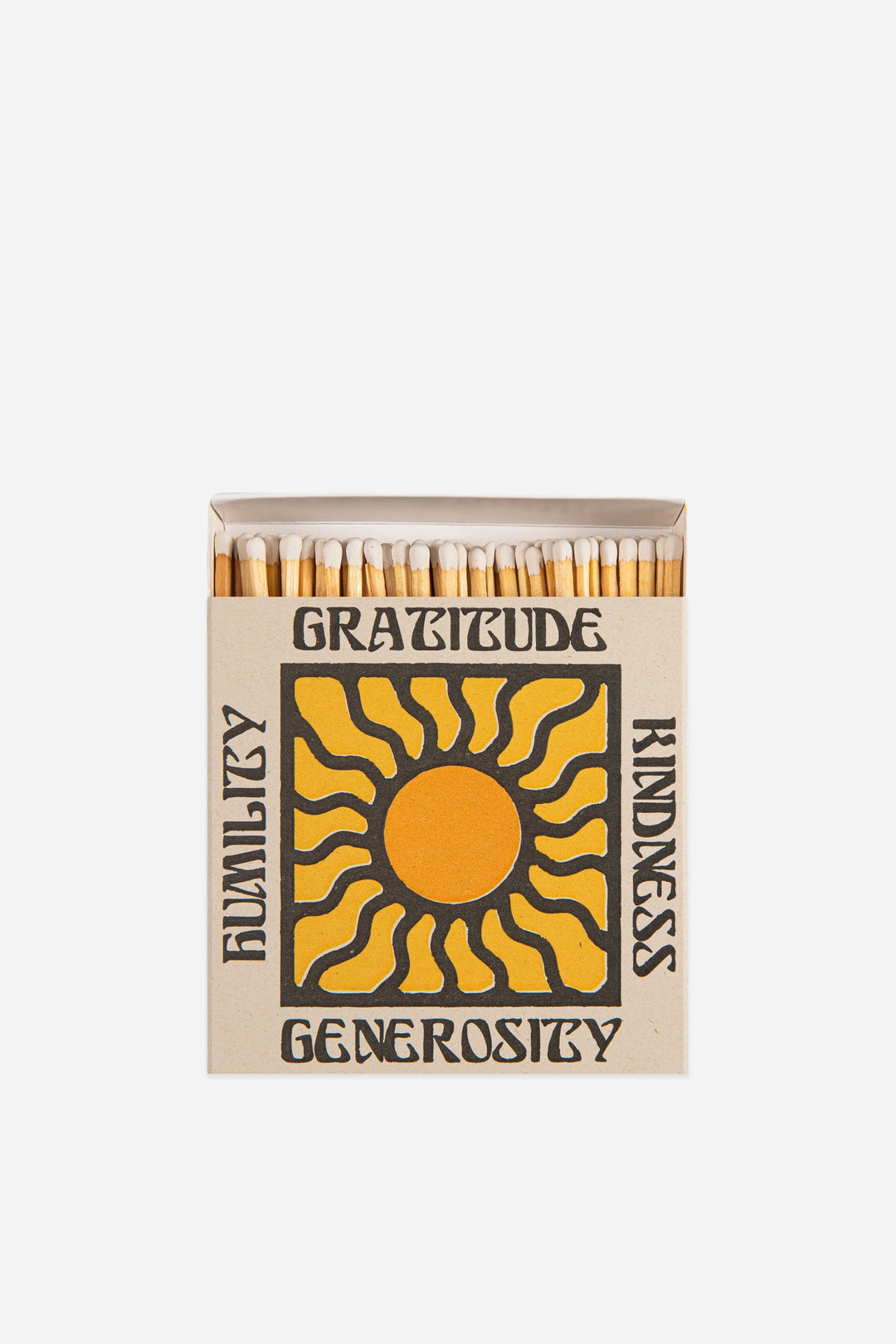 luxury matches with gratitude kindness print and sun